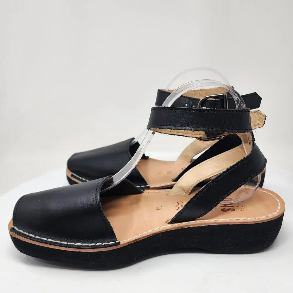 PONS Mediterranean Avarca Sandals Black Leather Adjustable Ankle Strap 524 - Picture 9 of 14